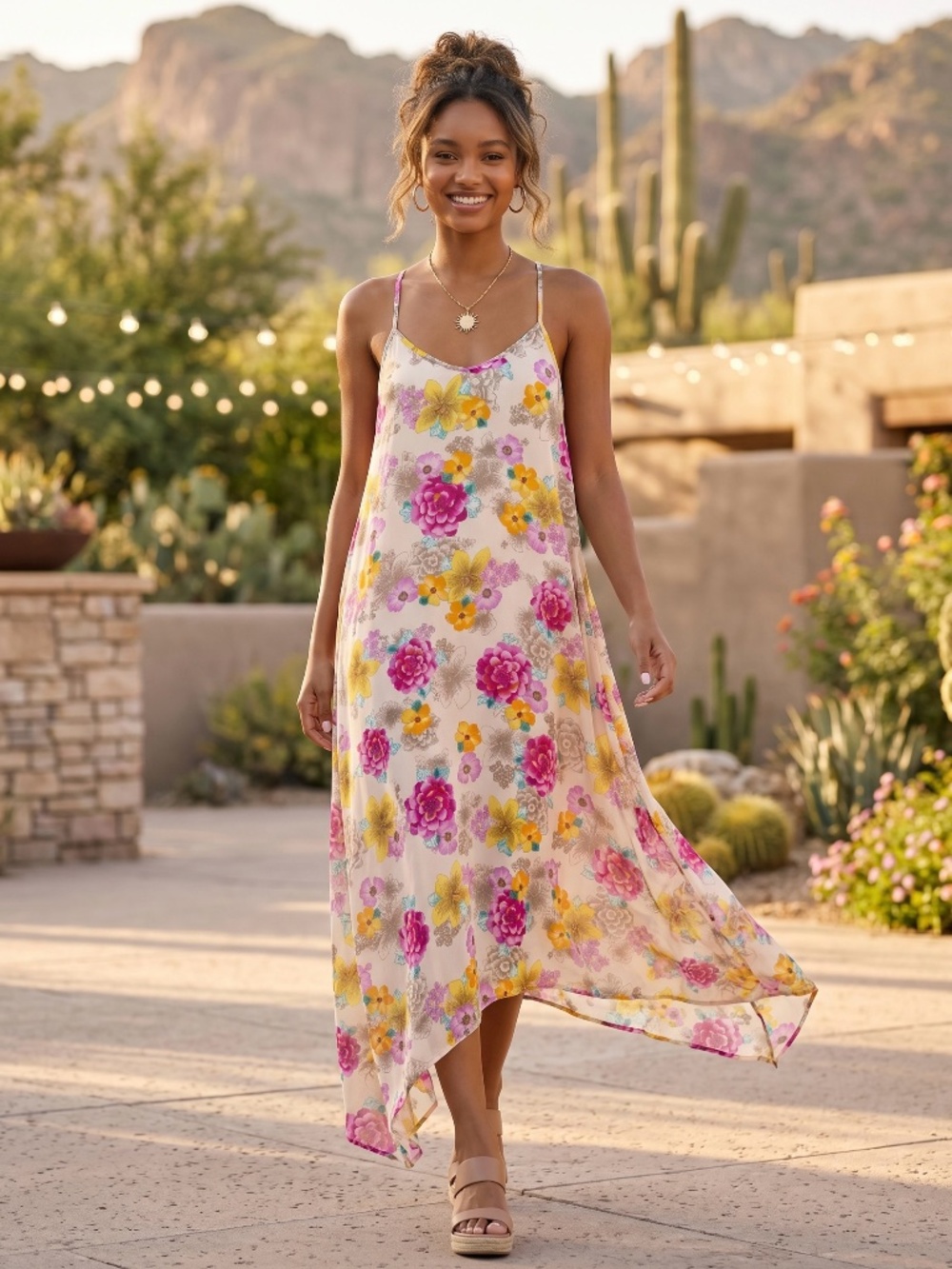 Lovestitch Tan Pink Floral Asymmetrical Midi Dress | V Neck Racerback - Picture 5 of 5